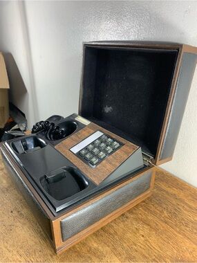 Vintage 1970s Deco Tel Wooden Leather Box Toucch Tone Telephone Mid Century